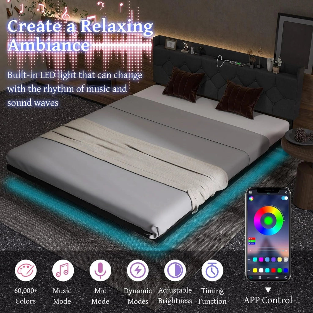 Letto Matrimoniale 160 x 200 cm Testiera con Luci LED ，Struttura Letto a Doghe Carico 300 kg，Letto con Struttura Moderno，Senza Materasso，Nero