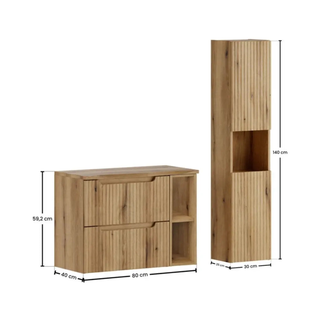 Set VANO quercia chiara 110cm: mobile sottolavabo con cassetti e nicchie a vista + piano per lavabo + colonna