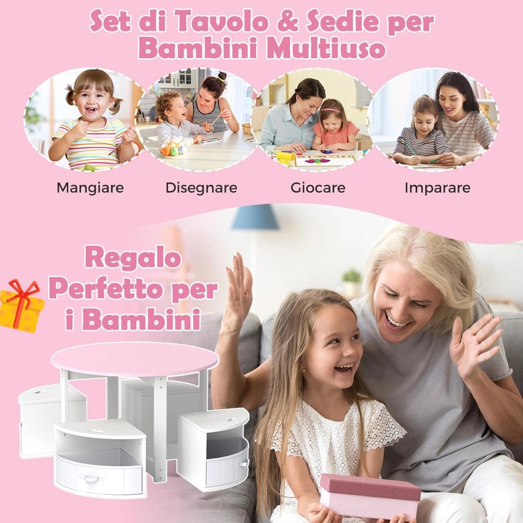 Set Tavolo e Sedie per Bambini a 5 Pezzi, Tavolino Rotondo Salvaspazio con 4 Sgabelli, Ripiano e 4 Cassetti in Tessuto, Set Mobili per Cameretta, Asilo e Disegnare (Rosa)