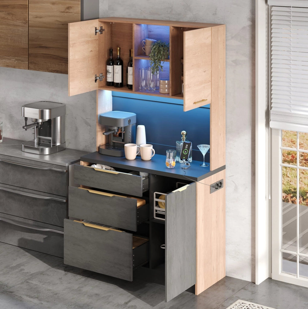 Mobile cucina alto moderno 100 x 40 x 180 cm in MDF; finitura effetto cemento e legno; nero