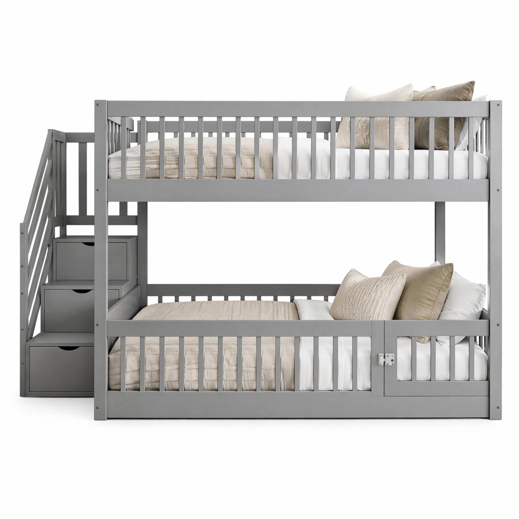 Letto a castello 140 x 200 cm con scala a cassetti e porta apribile; grigio