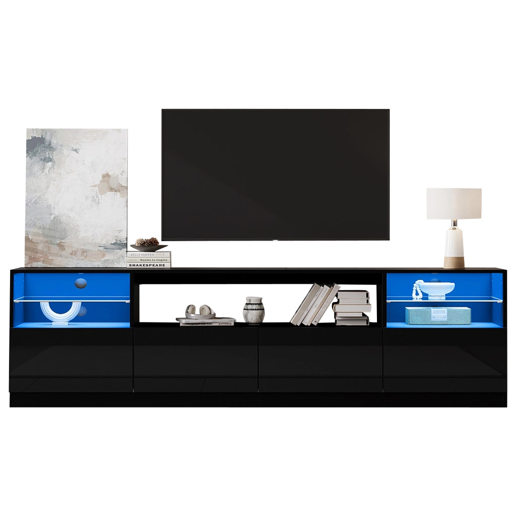 Mobile porta TV con LED, 4 ante, 8 vani e 2 ripiani in vetro temperato per soggiorno, nero, 180 × 35 × 60 cm