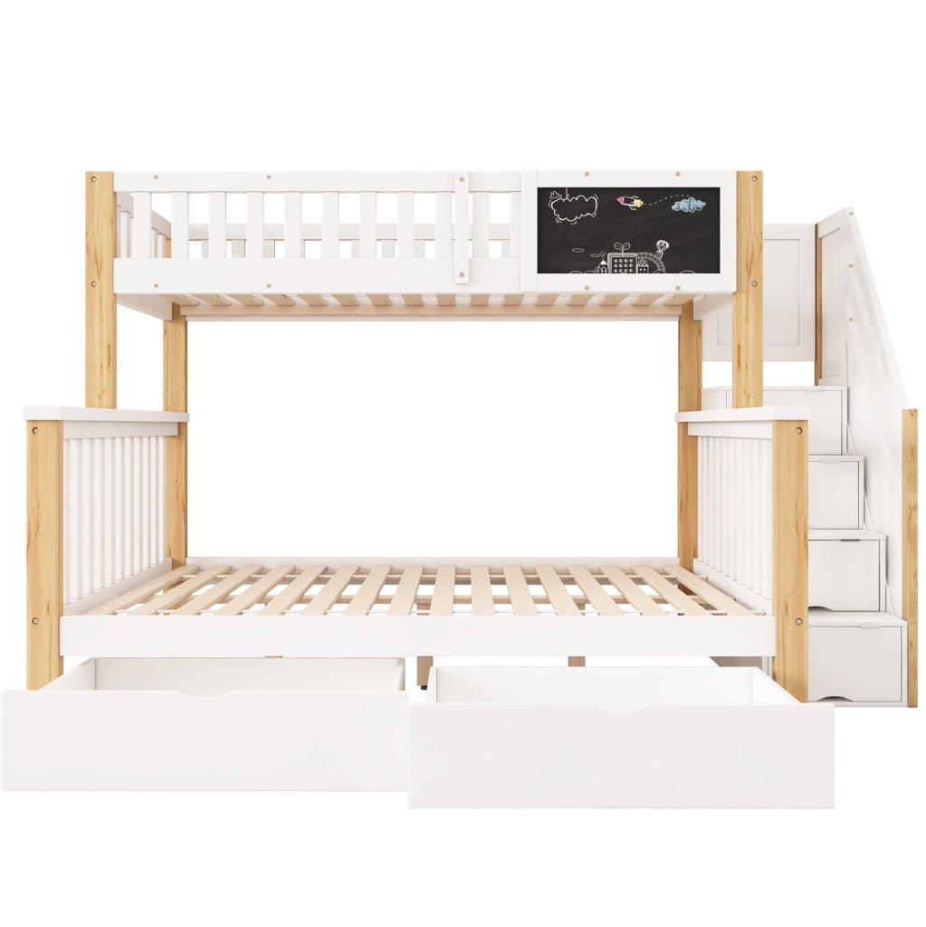 Letto a castello per bambini con lavagna e cassetti 90/140x200 cm; bianco e rovere chiaro in legno massiccio