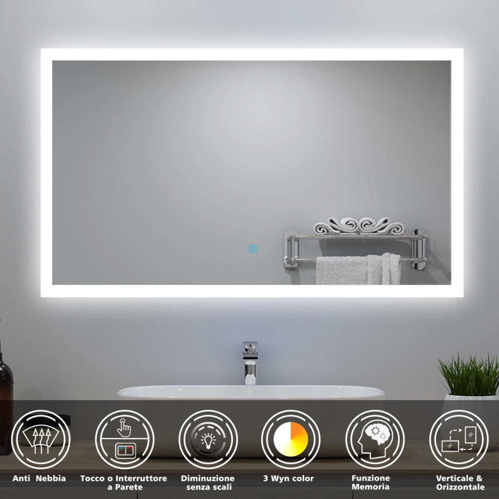 Aica LED Specchio da bagno 120×70 cm + luminosità regolabile a 3 colori + antiappannamento