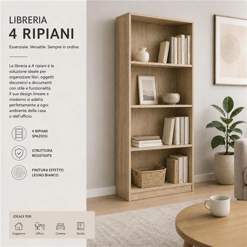 LIBRERIA IN LEGNO CON 4 RIPIANI COLORE ROVERE DIMENSIONI 60X24X170 CM