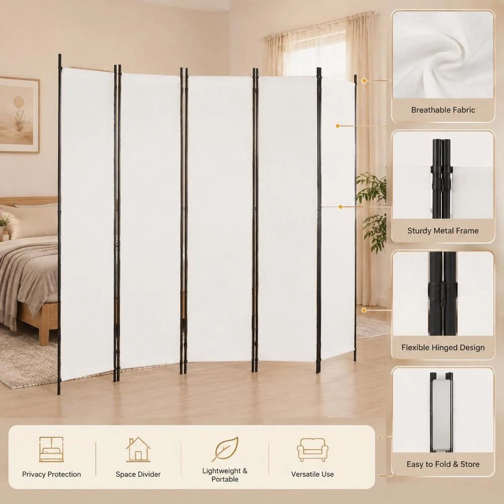 6-piece White Fabric Room Divider, 300x220 Cm
