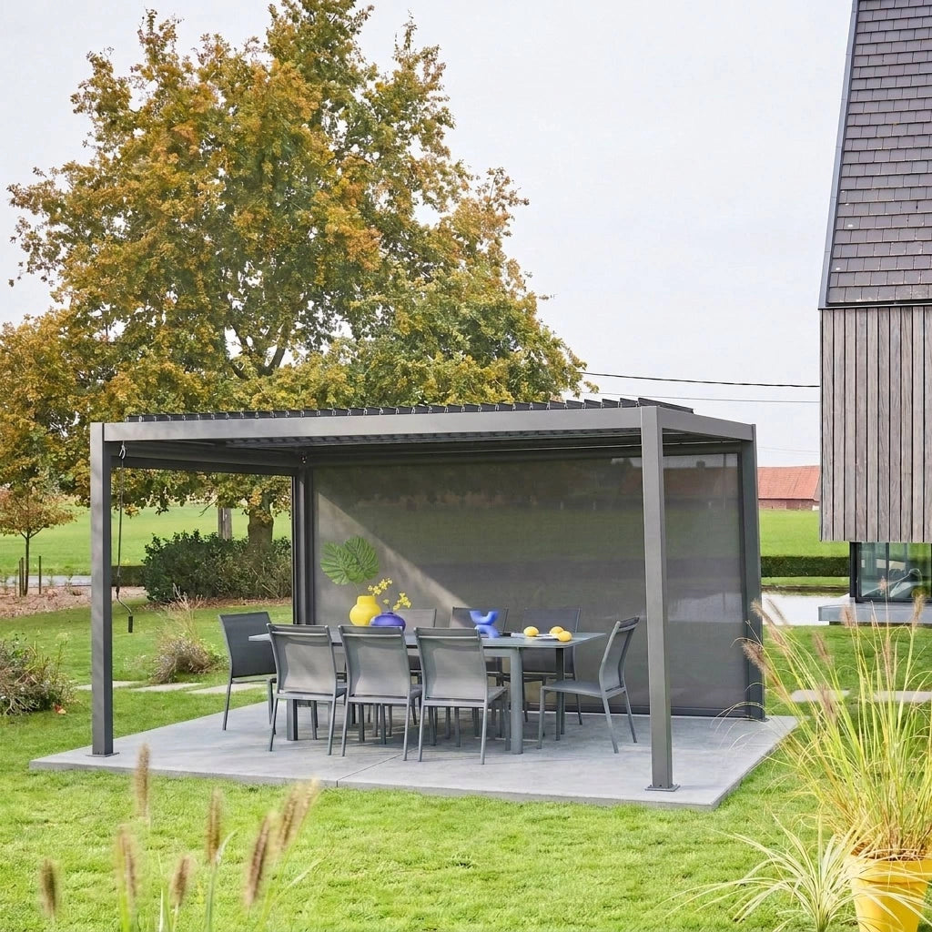 Pergola bioclimatica 3x4m in alluminio e acciaio + tenda 4m, antracite