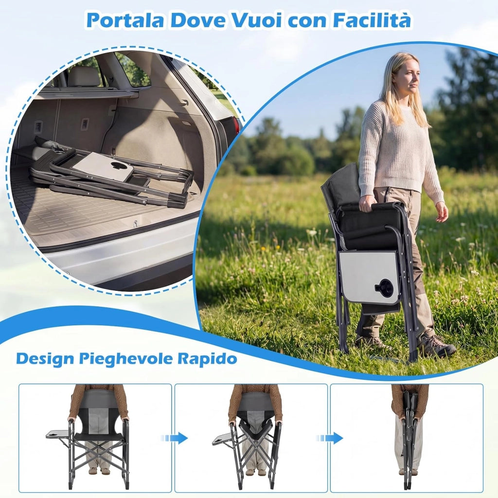 Sedia da Campeggio Pieghevole, Sedia da Regista con Tavolino Laterale, Portabicchieri e Tasca Portaoggetti, Portata 180 kg, Poltrona da Esterno per Spiaggia, Pesca e Picnic (Nero)