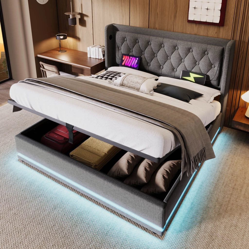 OKWISH Letto Contenitore 180×200 cm, Letto Matrimoniale con USB, Type C, LED e Testiera Imbottita, senza Materasso, in Cotone, Grigio
