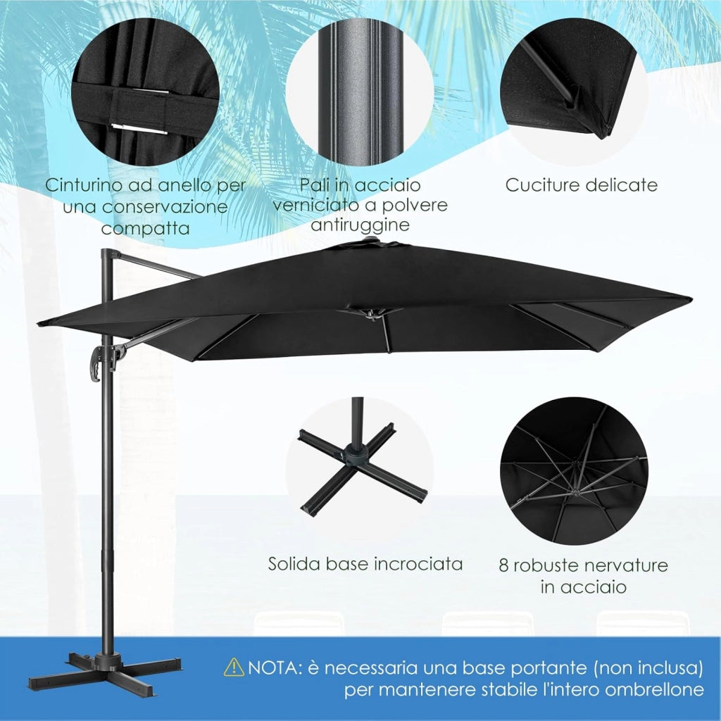 Ombrellone da Giardino 3 x 3 m, Ombrellone Pieghevole da Esterno con 3 Inclinazioni, Rotazione a 360°, Manovella, 8 Stecche, Base Incrociata, Angolo Regolabile, per Giardino, Balcone (Nero)