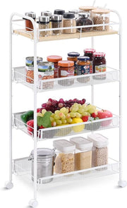 Trolley per cucina, 4 livelli, Trolley per ripostiglio cucina, Trolley piccolo, Trolley cucina su ruote, Trolley servizio, Trolley multifunzionale in legno e metallo, Cucina spaziale.