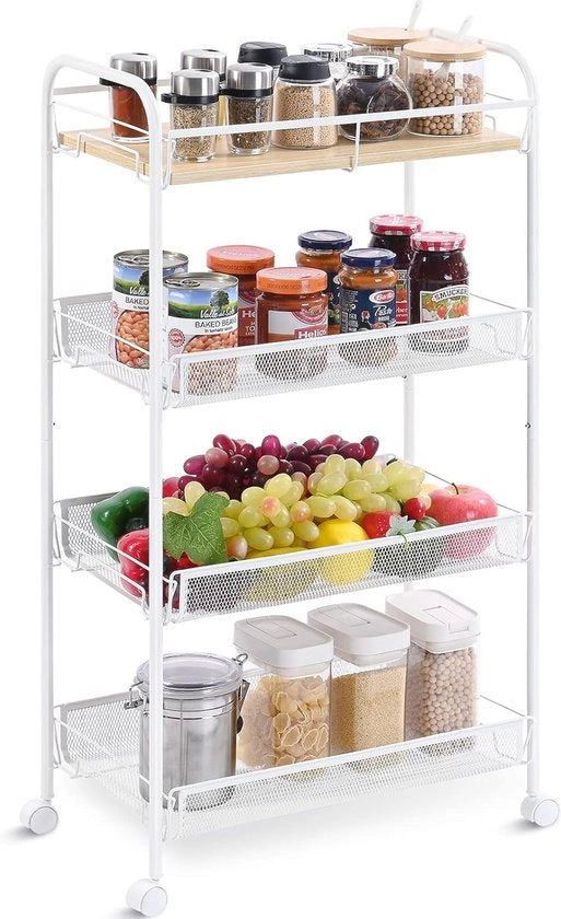 Trolley per cucina, 4 livelli, Trolley per ripostiglio cucina, Trolley piccolo, Trolley cucina su ruote, Trolley servizio, Trolley multifunzionale in legno e metallo, Cucina spaziale.