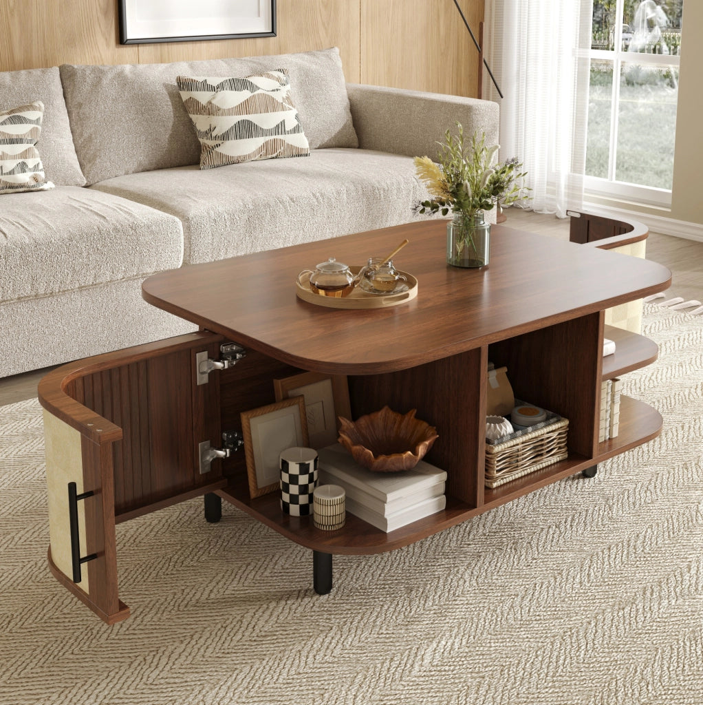 Tavolino da caffè 80x60x47 cm con forma curva e vani laterali in MDF color noce
