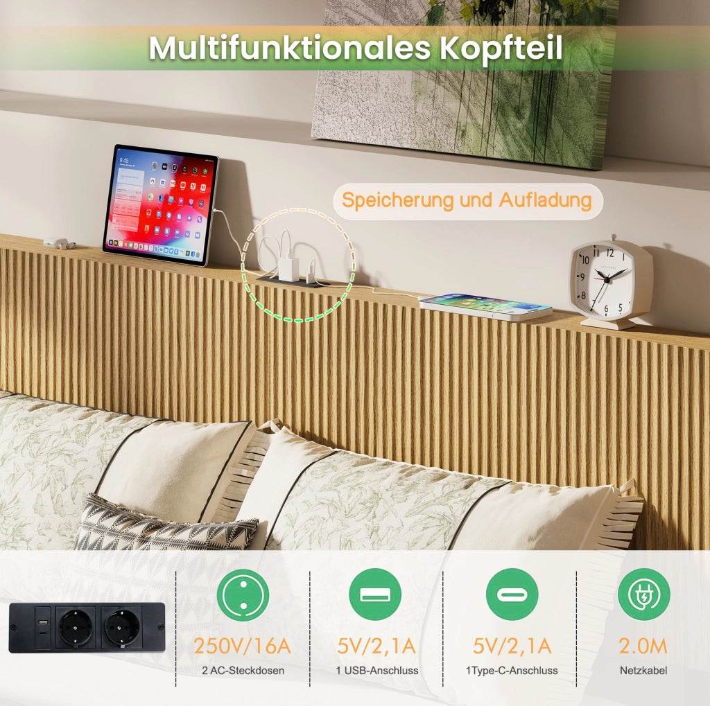 Letto con effetto sospeso, testiera scanalata, presa e luci LED