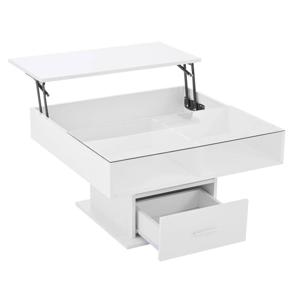 Tavolino da caffè sollevabile 78x78x45,5/59,5 cm bianco con LED e contenitore