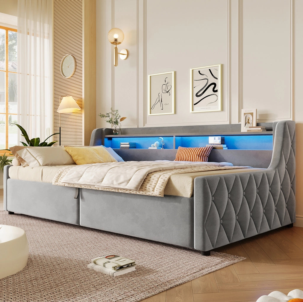 Letto singolo 90x200 in velluto con LED e vano contenitore