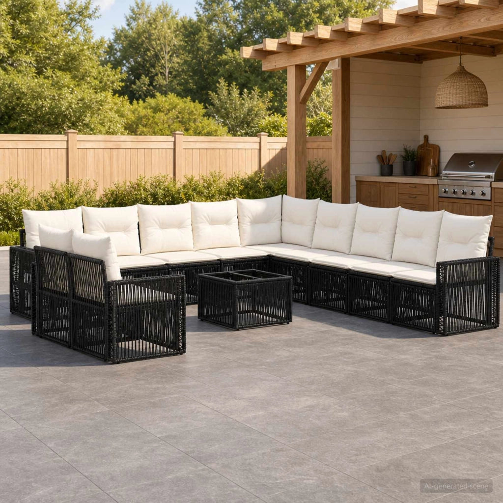 Set Divano da Giardino 12 pz Nero e Bianco Crema polyrattan 3435178