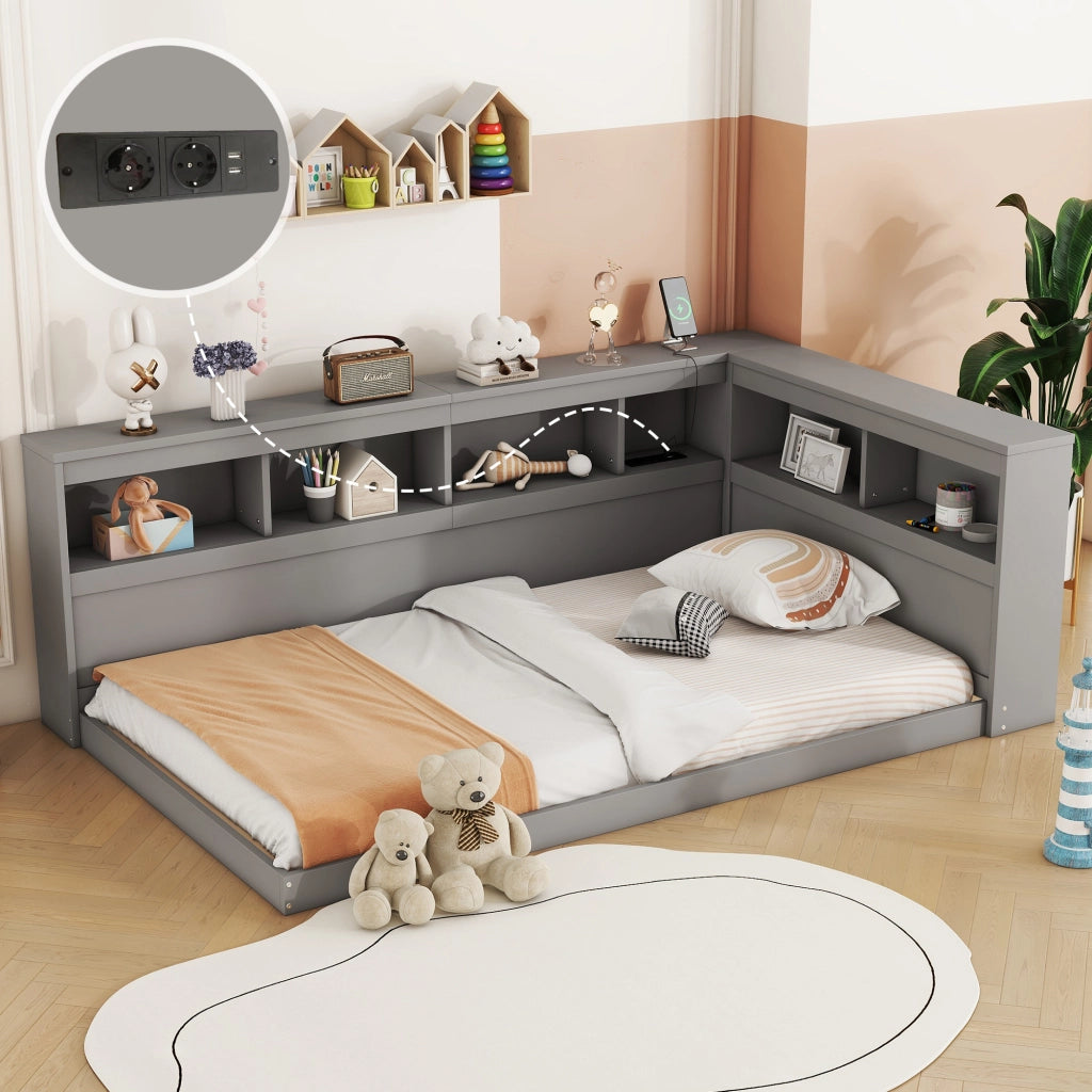 Letto salvaspazio singolo 90×200 cm con presa di corrente; 2 USB; ripiani e rete; senza materasso; grigio