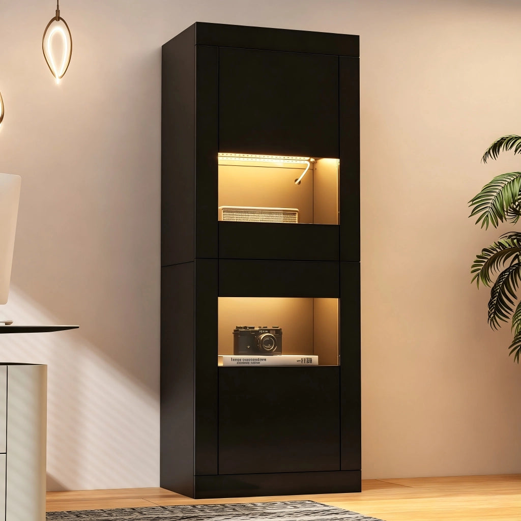 Vetrina con LED e 2 ante, 3 ripiani regolabili e 4 vani, per soggiorno e sala da pranzo, nero, 61 × 42 × 162 cm