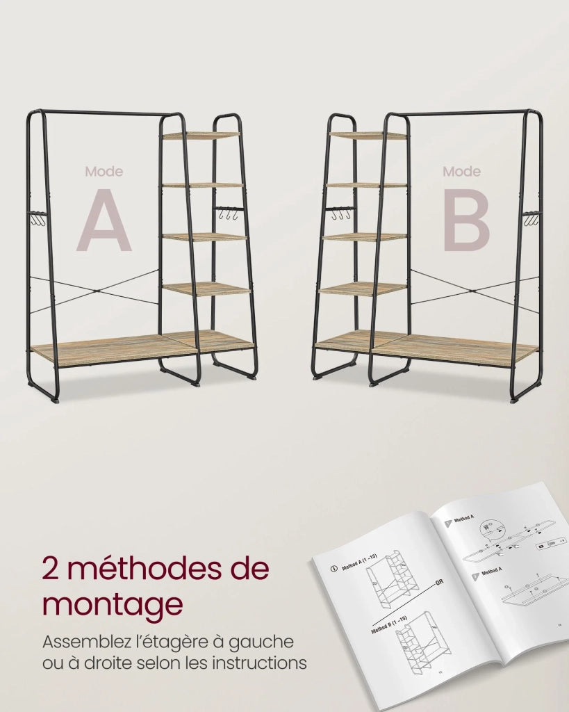 Appendiabiti indipendente scarpiera ingresso/guardaroba 45 x 120 x 160 cm con 5 ripiani portaoggetti e 6 ganci per camera da letto soggiorno corridoio stile industriale marrone 12_0007095