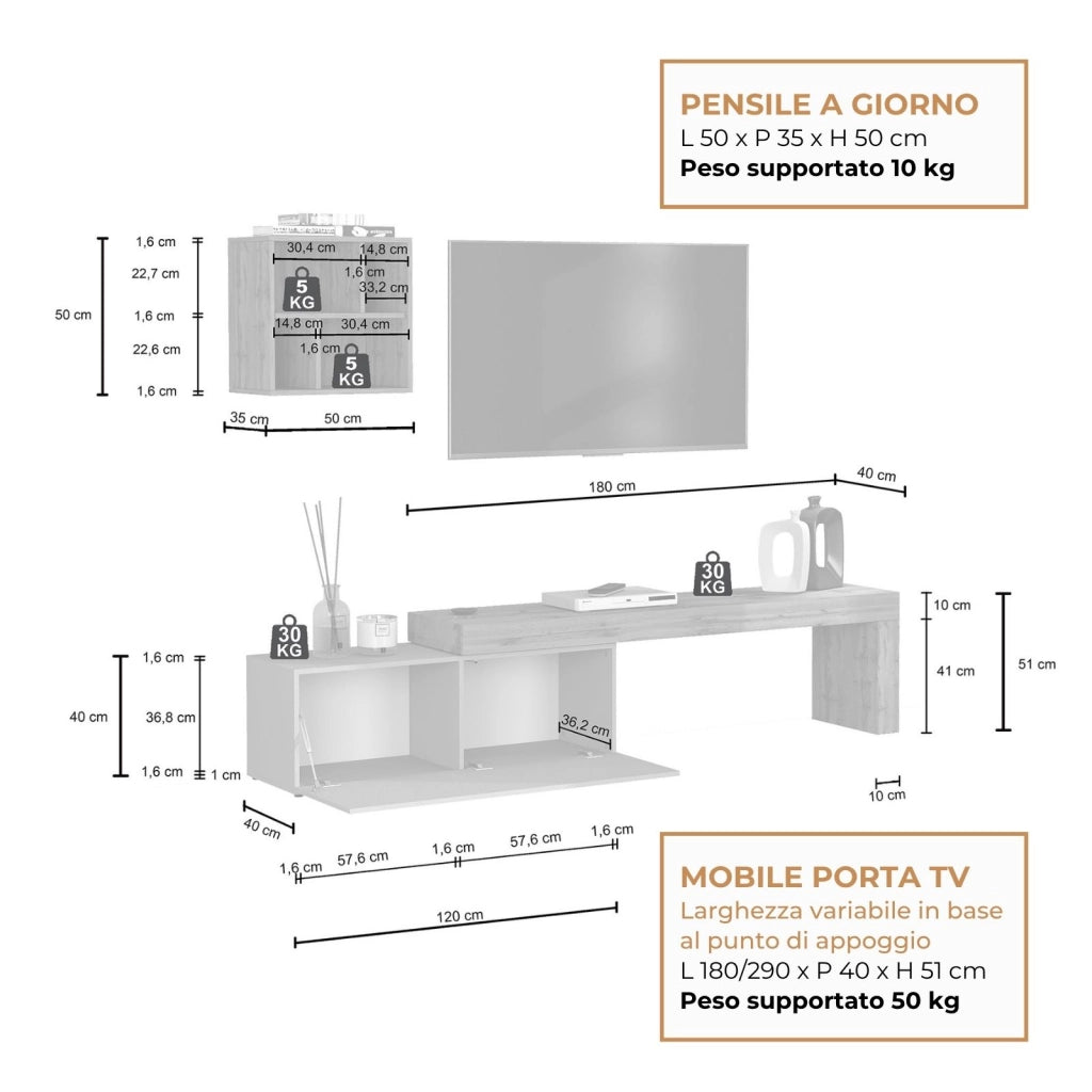 WHOUS Parete attrezzata Chronos set soggiorno bianco lucido e rovere 180/290x40 cm