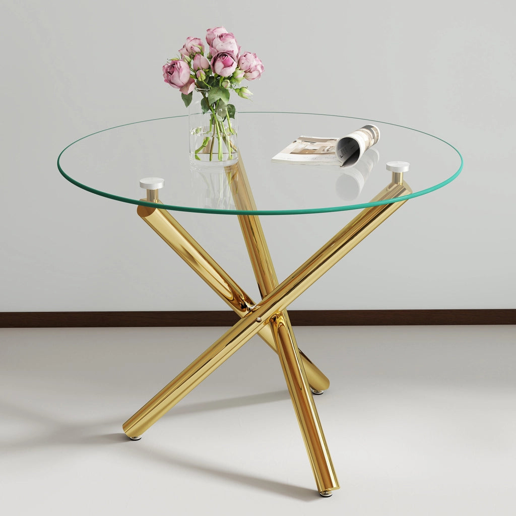 TAVOLO rotondo 80x80x76 cm in vetro temperato e metallo oro