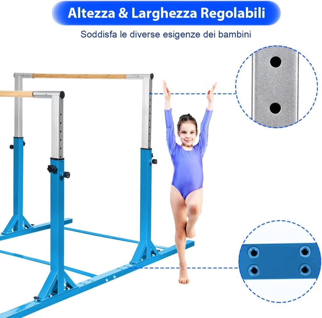 Parallele Doppie per Ginnastica, Sbarre Orizzontali Doppie con Larghezza Regolabile e 11 Altezze, capacità di Carico di 100 kg, Sbarre di Allenamento per Bambini 6-12 Anni