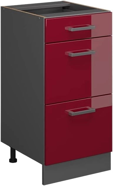 Mobiletto base per cucina R-Line, Rosso lucido, 40 cm con cassetti, senza piano di lavoro, per la libera combinazione all'interno di sistemi cucina modulari