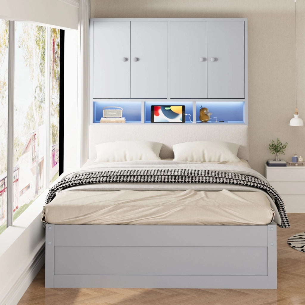 Letto in legno 90 x 200 cm, testiera imbottita, con vano portaoggetti, illuminazione a LED, presa di corrente, 2 cassetti, grigio