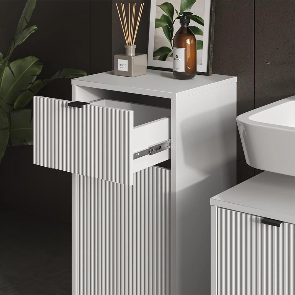 Set di mobili da bagno Eliza, Bianco, 70 cm, composto da mobile sottolavabo, specchiera e mobile medio