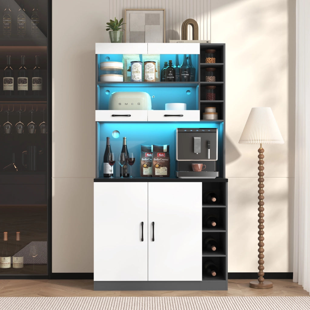 Mobile cucina moderno 100x47x187 cm in MDF e vetro rinforzato; grigio e bianco con LED