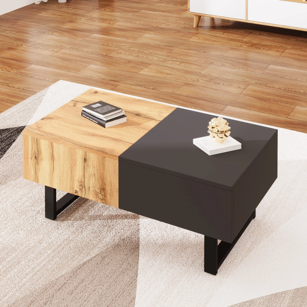 Tavolino Da Caffè Scorrevole con Vano Contenitore Nascosto e Scomparti; Stile Moderno; in Pannelli di Particelle e Metallo; 155×55×40 cm; Naturale