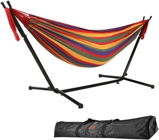 Hangmat con Standard - Pieghevole per Esterno - 250 kg Capacità - Tessuto Robusto - Stendardo in Acciaio - Tasca di Trasporto Inclusa - per Balcone - Terrazzo - Giardino - 275x100cm - Rosso