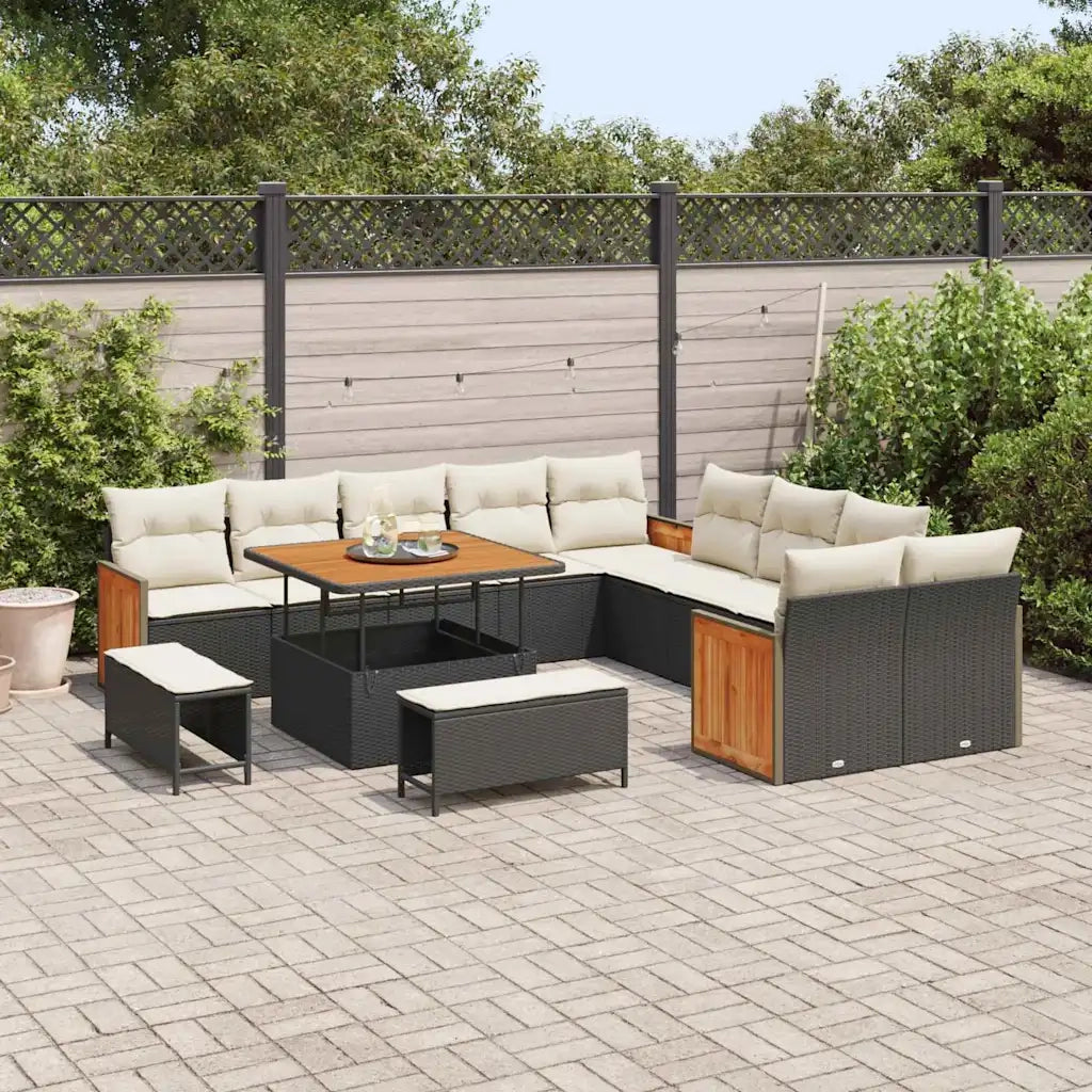 Set Divano da Giardino 17 pcs Nero e Crema polyrattan