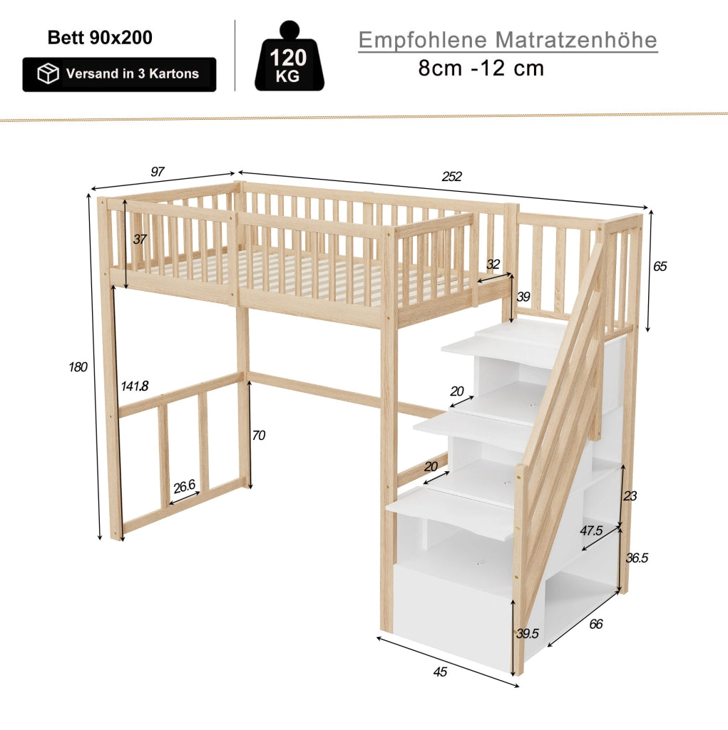 Letto alto 90x200 cm con scala contenitore; legno; colore naturale (Senza materasso)