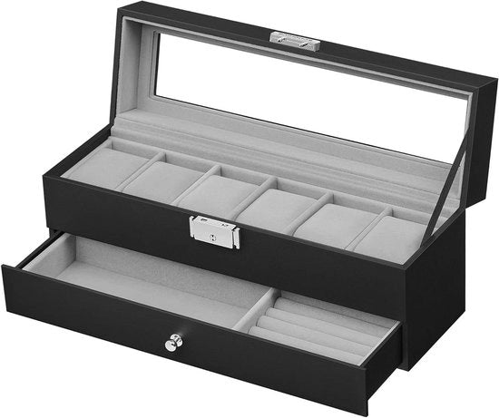 Cassa orologio con coperchio in vetro, 2 livelli per 6 orologi, chiusura a chiave, 1 cassetto per anelli e bracciali, idea regalo - fodero in PU nero, imbottitura in grigio