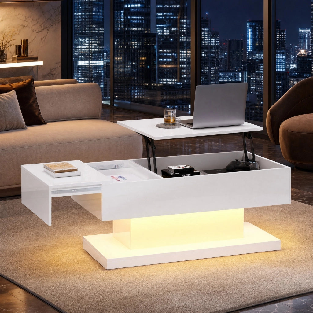 Tavolino da caffè bianco con LED, piano sollevabile e scorrevole
