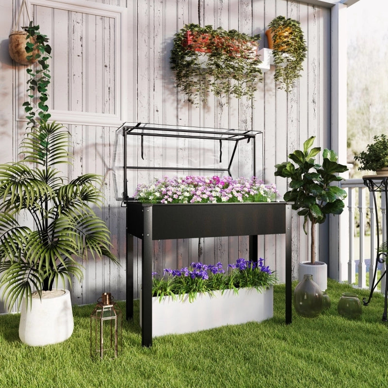 Hochbeet con tetto serra, cassone rialzato per piante in metallo nero 100 x 48 x 124 cm