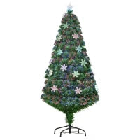 Albero di Natale Artificiale 150cm con Fibre Ottiche e 21 Luci LED, Decorazioni a Forma di Fiocco di Neve, Verde