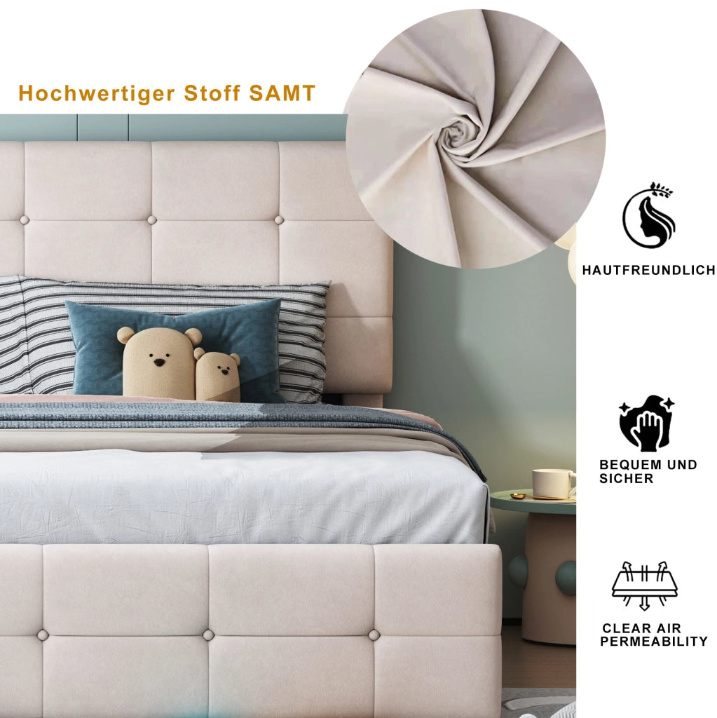Letto matrimoniale imbottito 180x200 cm con contenitore idraulico; multifunzione; velluto beige