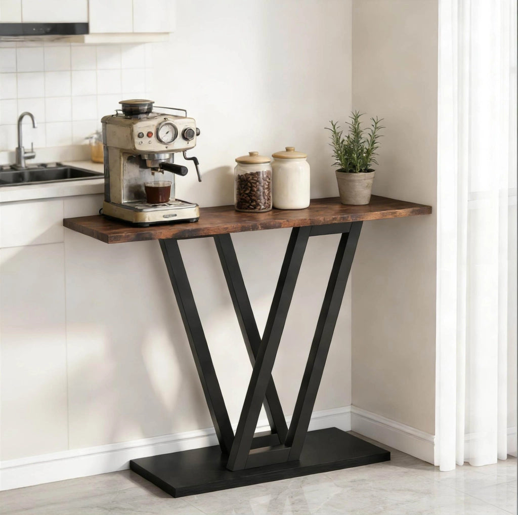 Tavolo consolle stretto 110x30x80 cm in MDF e metallo; nero e marrone rustico