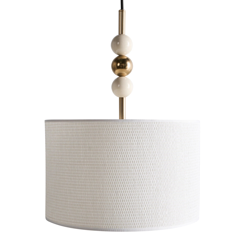 Lampada a sospensione Ottone e beige Ferro Paralume a tamburo in tessuto Stile moderno di metà secolo