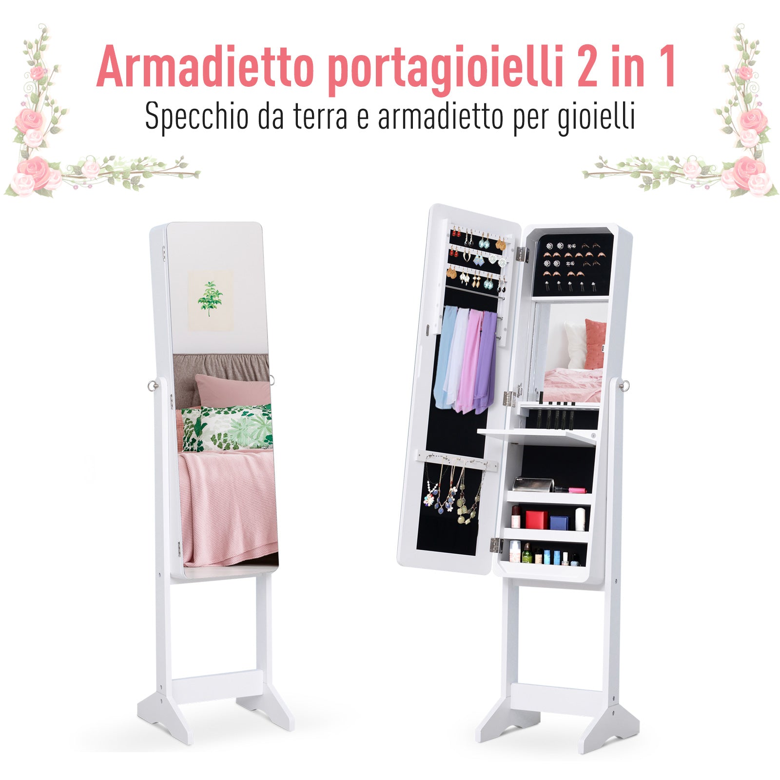Armadio Portagioie e Trucchi con Specchio e Illuminazione LED Automatica Bianco 30x146x36 cm