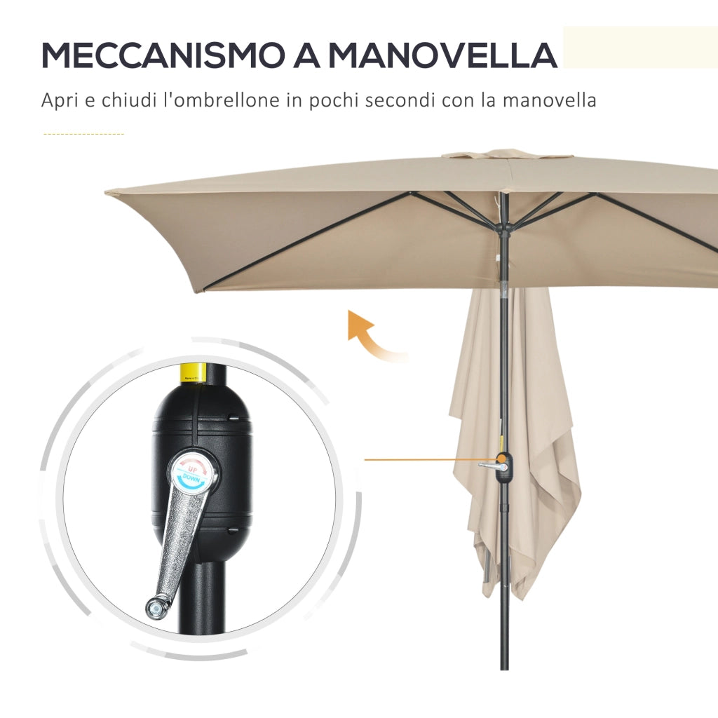 Ombrellone Rettangolare 200x300 cm Pieghevole e Regolabile con Manovella in Alluminio e Poliestere Cachi