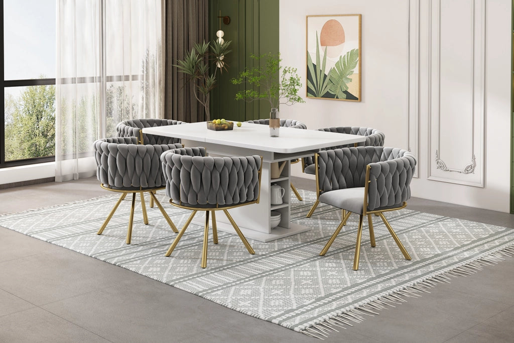 Sedie da pranzo set 4 girevoli con schienale ergonomico e seduta imbottita in velluto grigio e metallo oro
