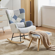 Sedia a Dondolo con Poggiapiedi Poltrona Relax Moderna in Tessuto Patchwork Beige e Blu