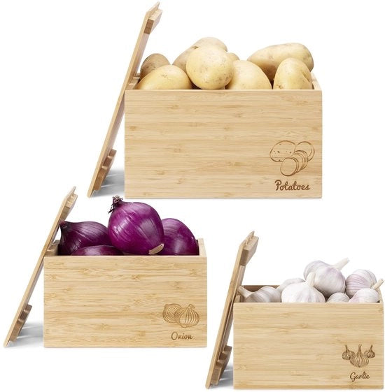 Set di Ceste in Legno per Patate/Zucchine/Aglio - Bamboe - Con Stampato - Dimensioni: 26/22/18 cm - Peso: 2,5 kg - Scatole di Archiviazione