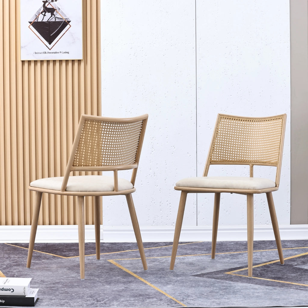Sedia da sala da pranzo 2 pezzi con seduta in PU e schienale in rattan traspirante struttura in metallo beige
