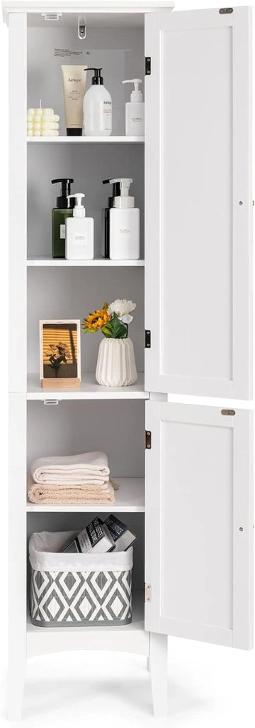 Mobile da Bagno Alto con 2 Ante, Armadio da Terra con 5 Vani, Mobile Colonna per Bagno Cucina Soggiorno, 37 x 37 x 160 cm (Bianco)
