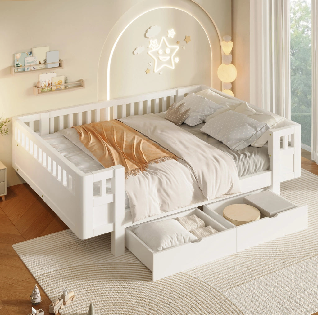 Letto per bambini con barriera alta e 2 cassetti, bianco